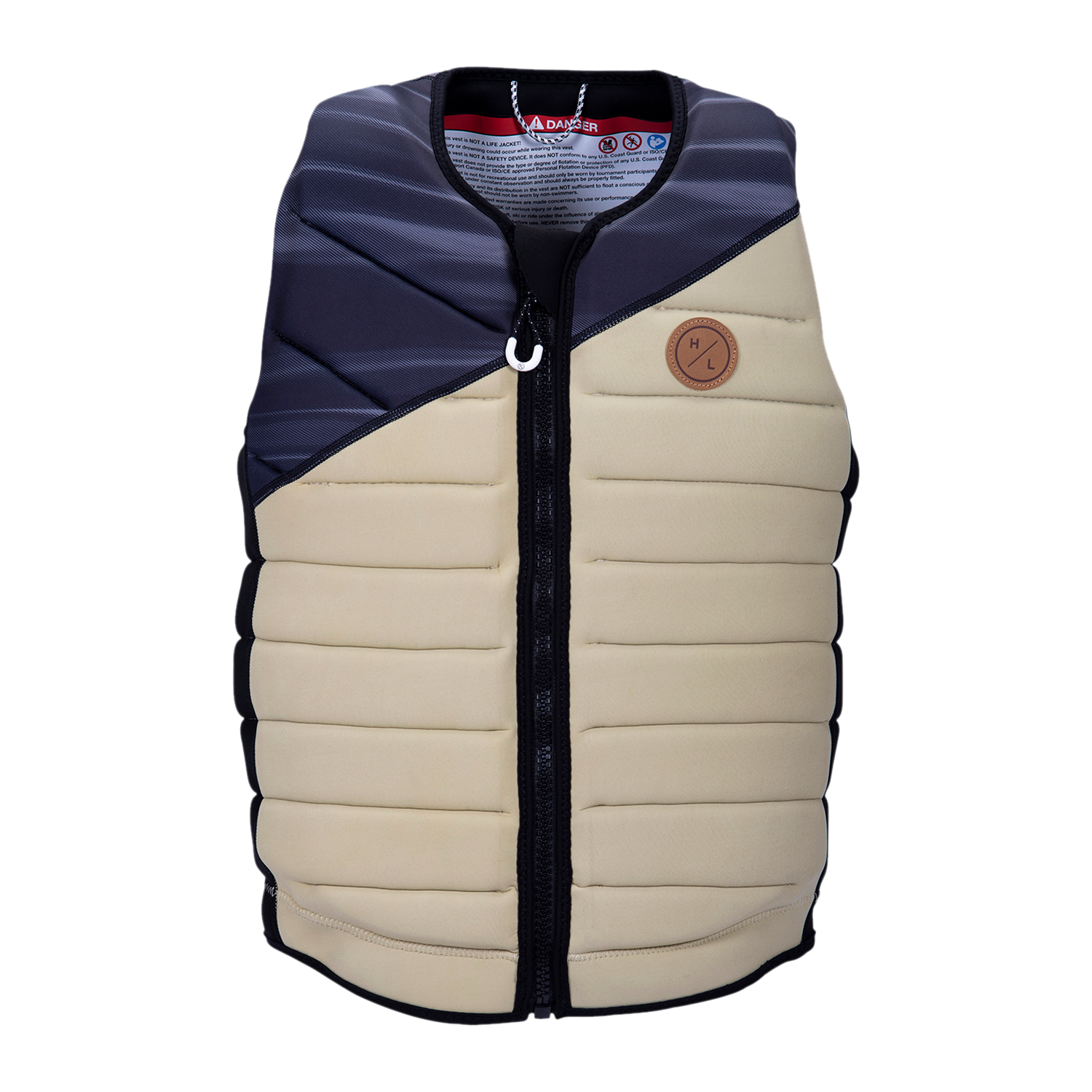 Beige/navy Wishbone Jacket with zipper, small round brown patch for wakeboarding.