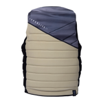 The Wishbone Jacket is a padded vest with horizontal beige and gray sections for wakeboarding.