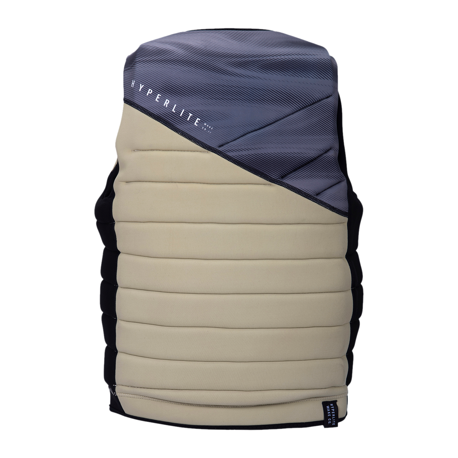The Wishbone Jacket is a padded vest with horizontal beige and gray sections for wakeboarding.