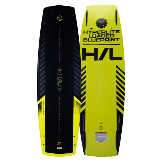 Top and base of Hyperlite Blueprint Loaded 2024 wakeboards stand upright, in yellow and black.