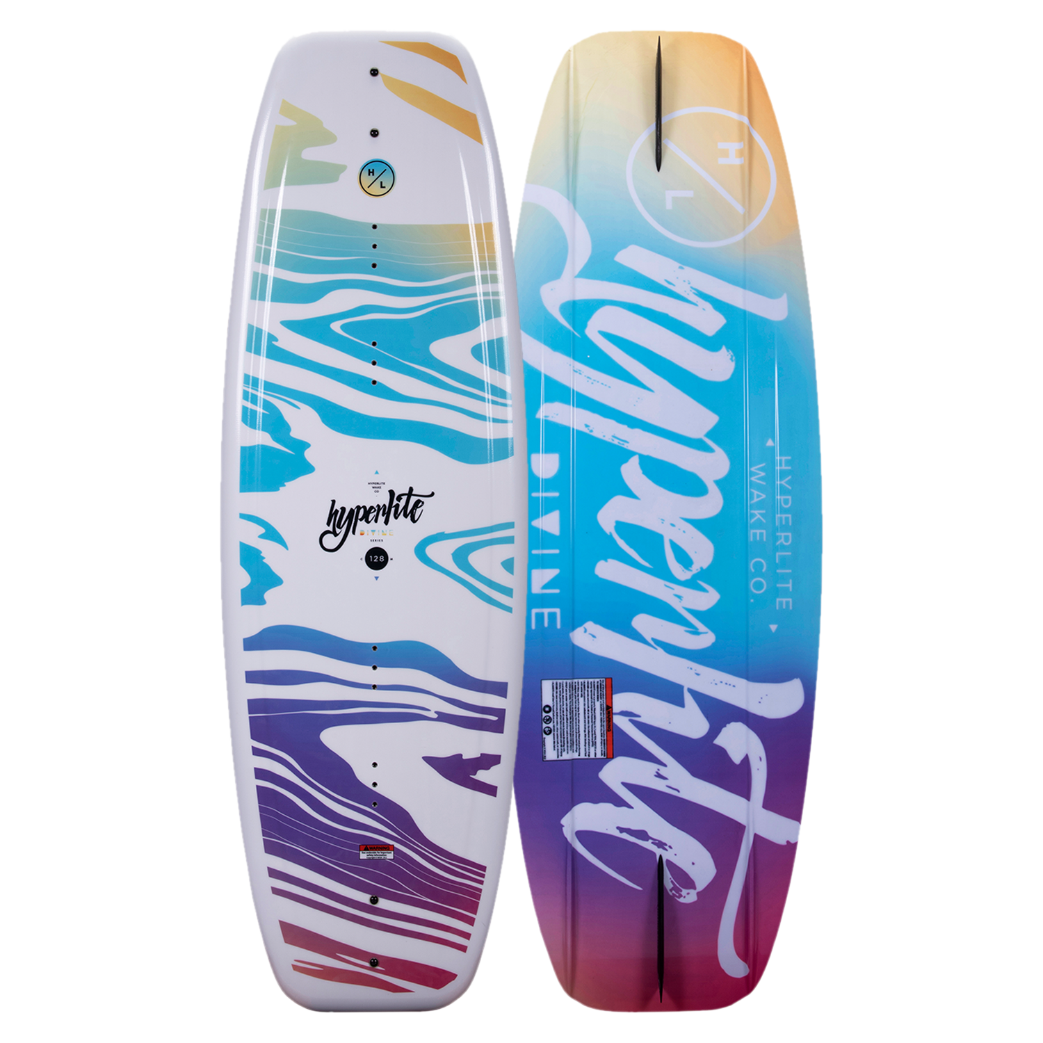 Top and base of Divine Jr. 119cm wakeboard, colorful and abstract, ideal for kids first boat ride.
