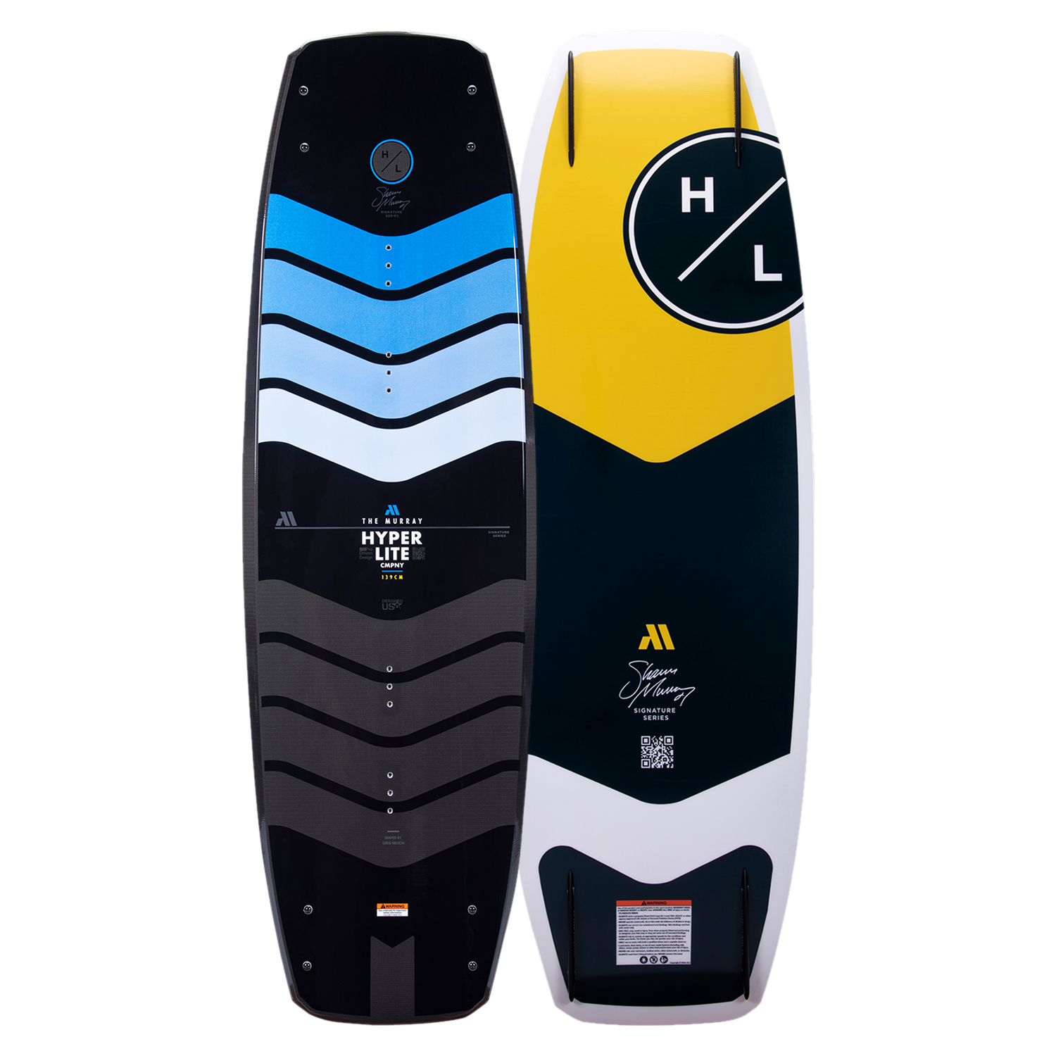 Top and base view of Murray Pro 139 wakeboard with yellow, blue, and black geometric design.