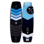 Top and base view of Murray Pro 144 wakeboard with light blue and navy angled color bands.