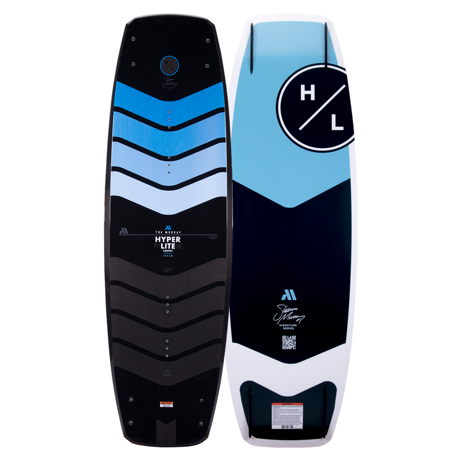 Top and base view of Murray Pro 144 wakeboard with light blue and navy angled color bands.