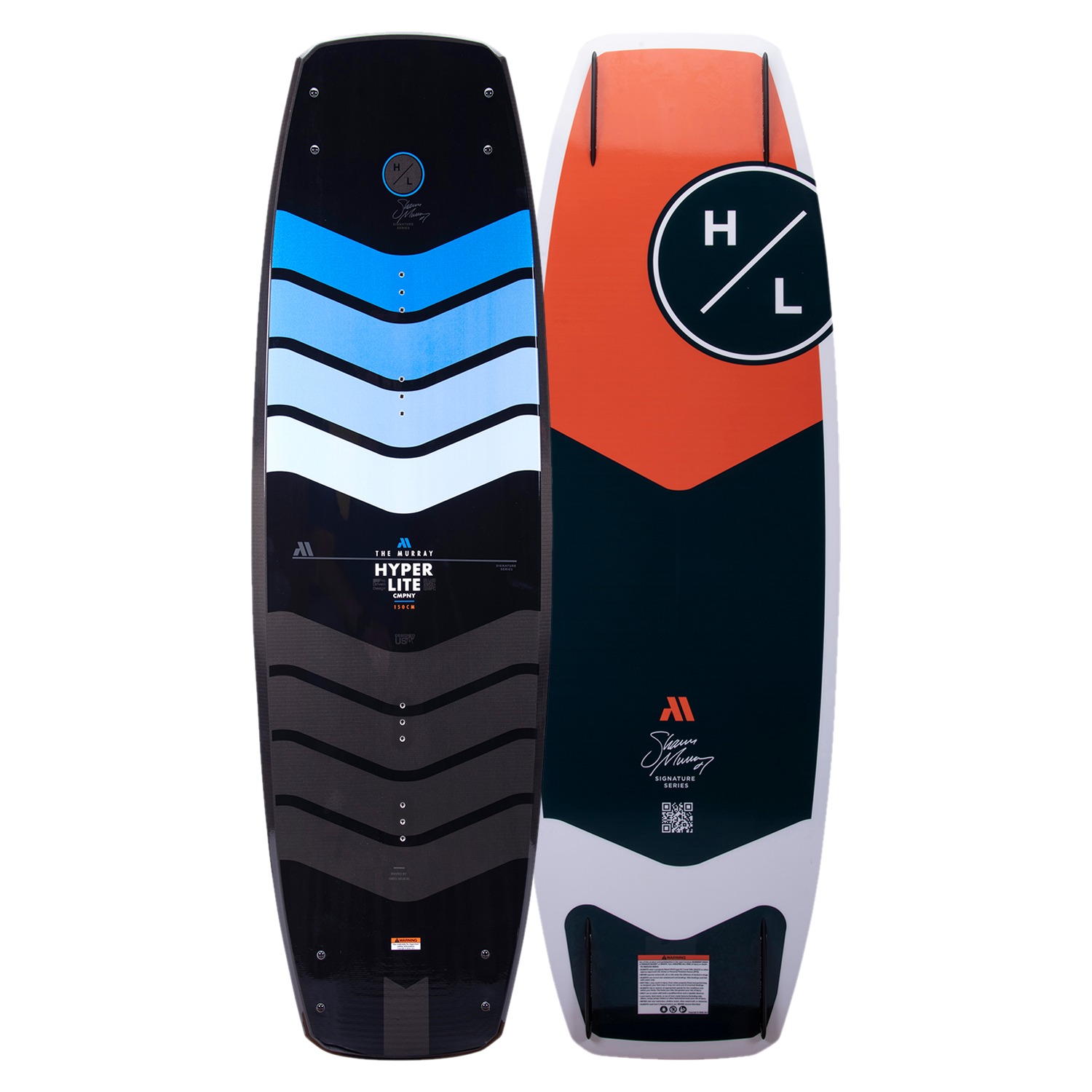 Top and base view of Murray Pro 150 wakeboard with bold orange and blue color blocking.