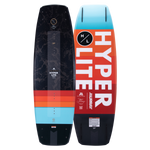 Top and base view of the Murray Pro wakeboard with black top and bold red and blue color-blocked base.