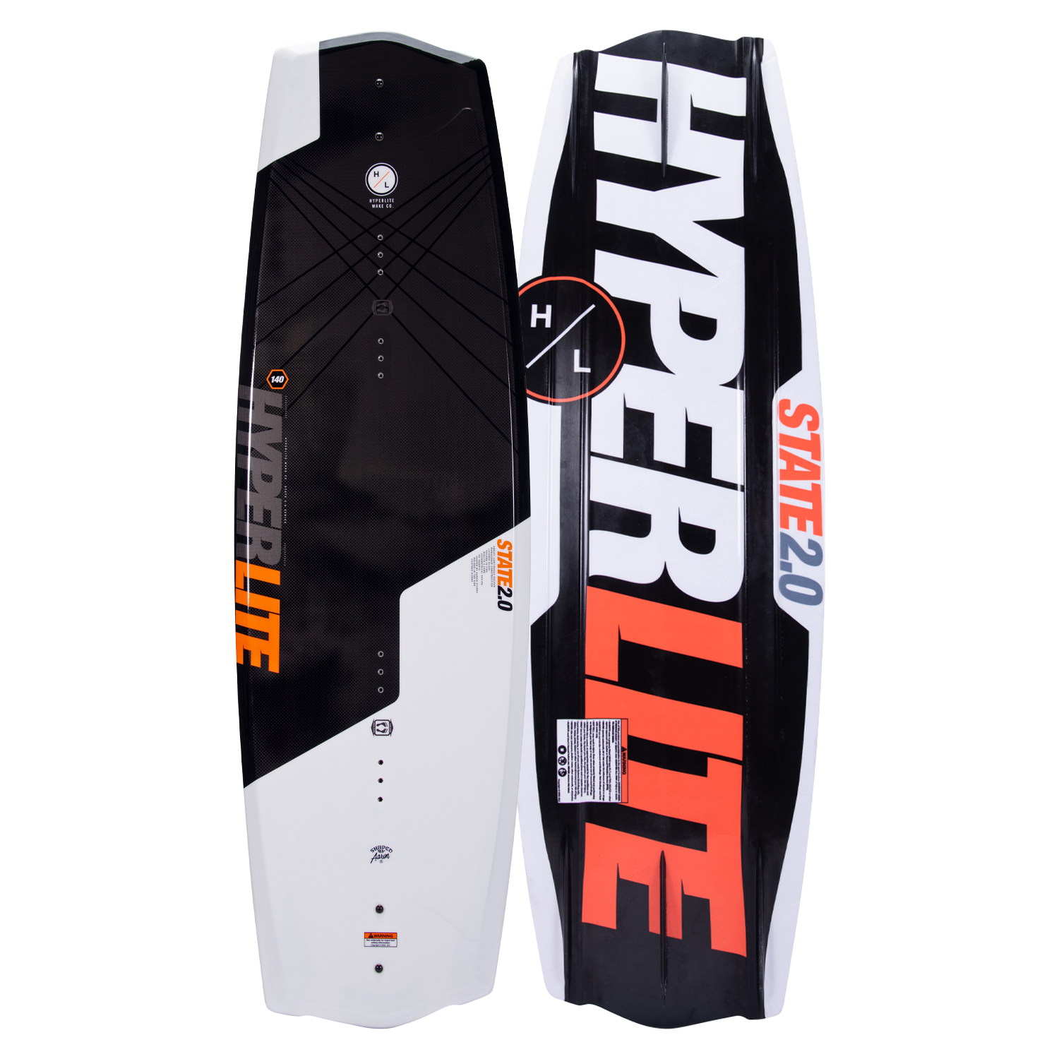 Top and base of asymmetric Hyperlite State Jr. wakeboards, 125cm, in black, white, and orange.