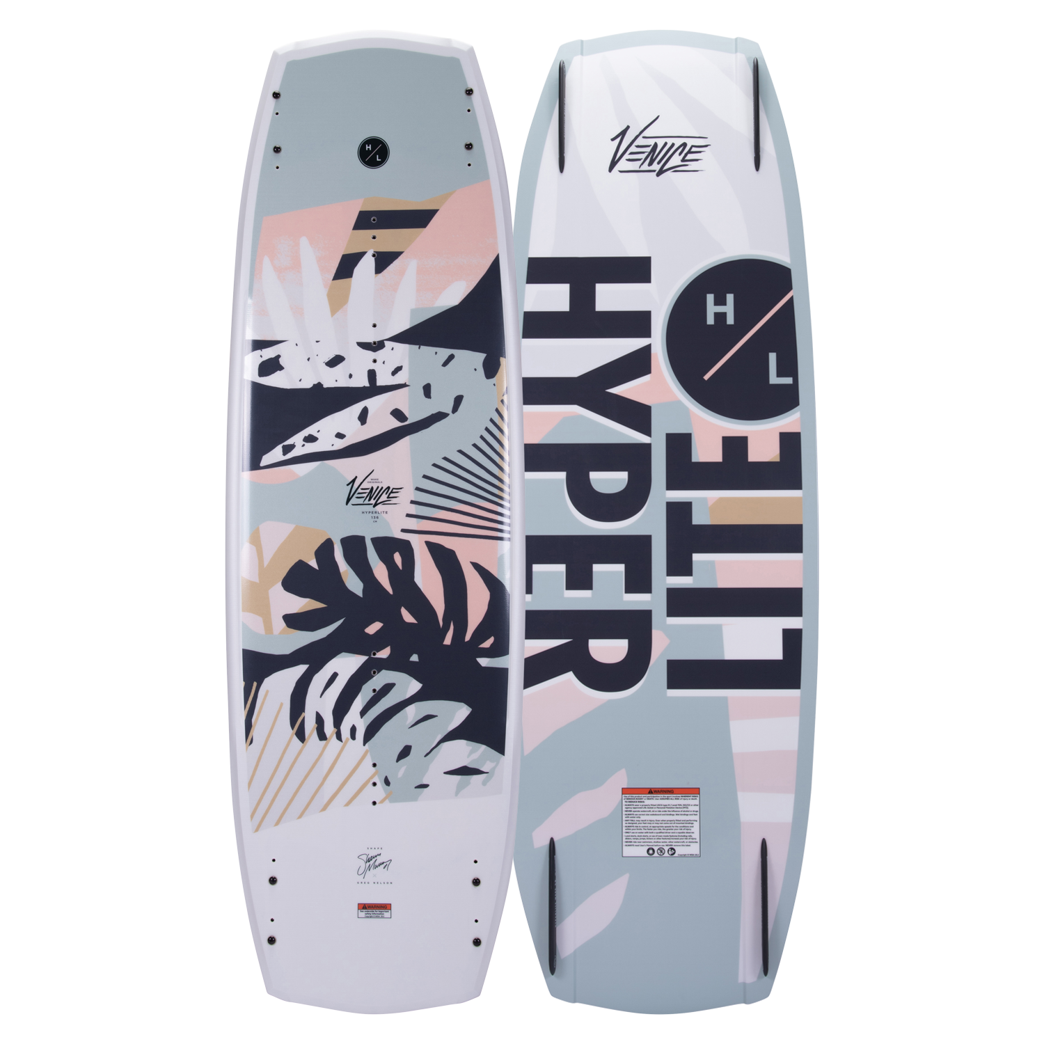 Top and base view of Venice board in pastel tones with abstract leaf and text graphics.
