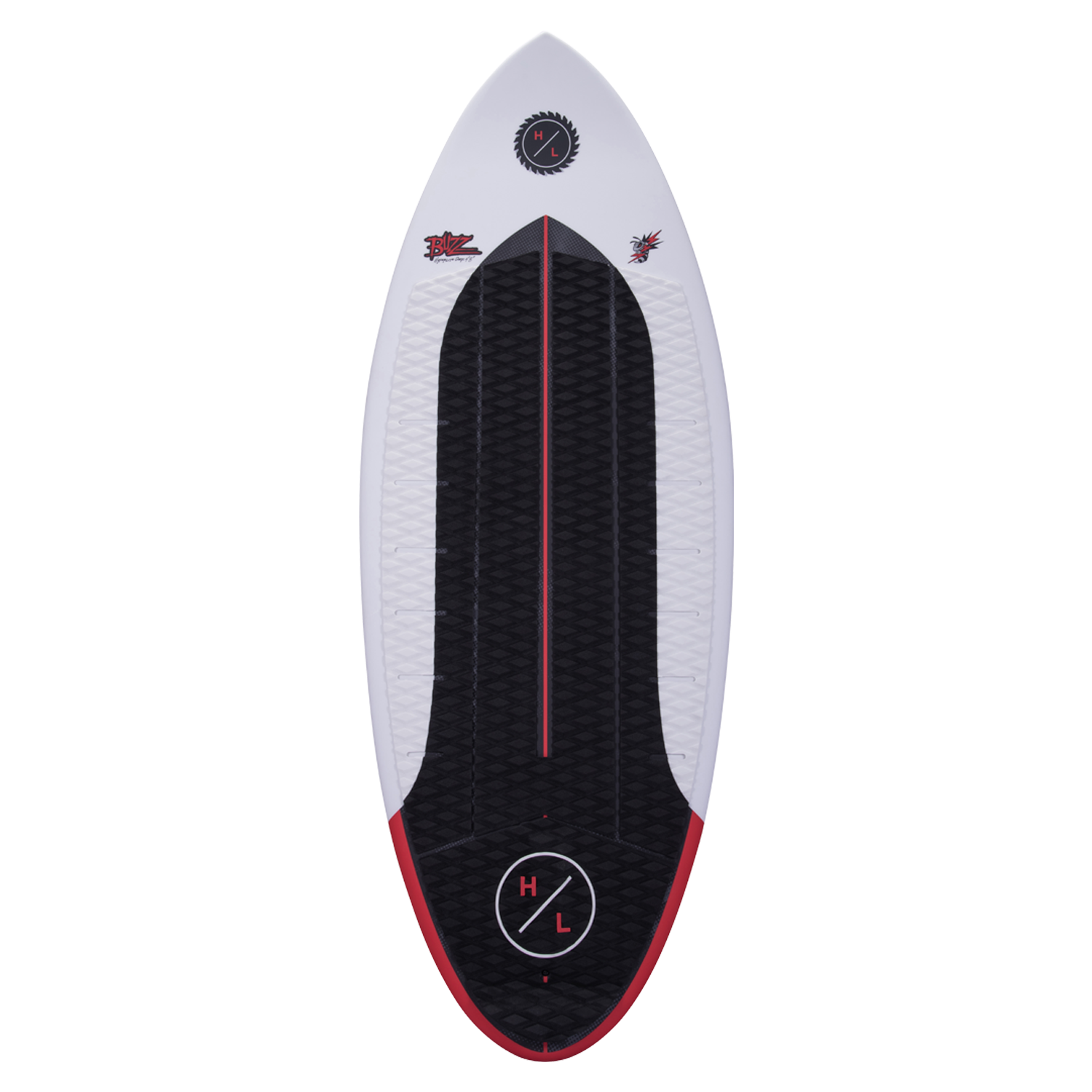 Buzz white surfboard with black/red accents, geometric patterns, and Durashell Construction.