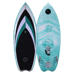Frother 2.0 turquoise surfboard with twin fin and black, white, teal accents.