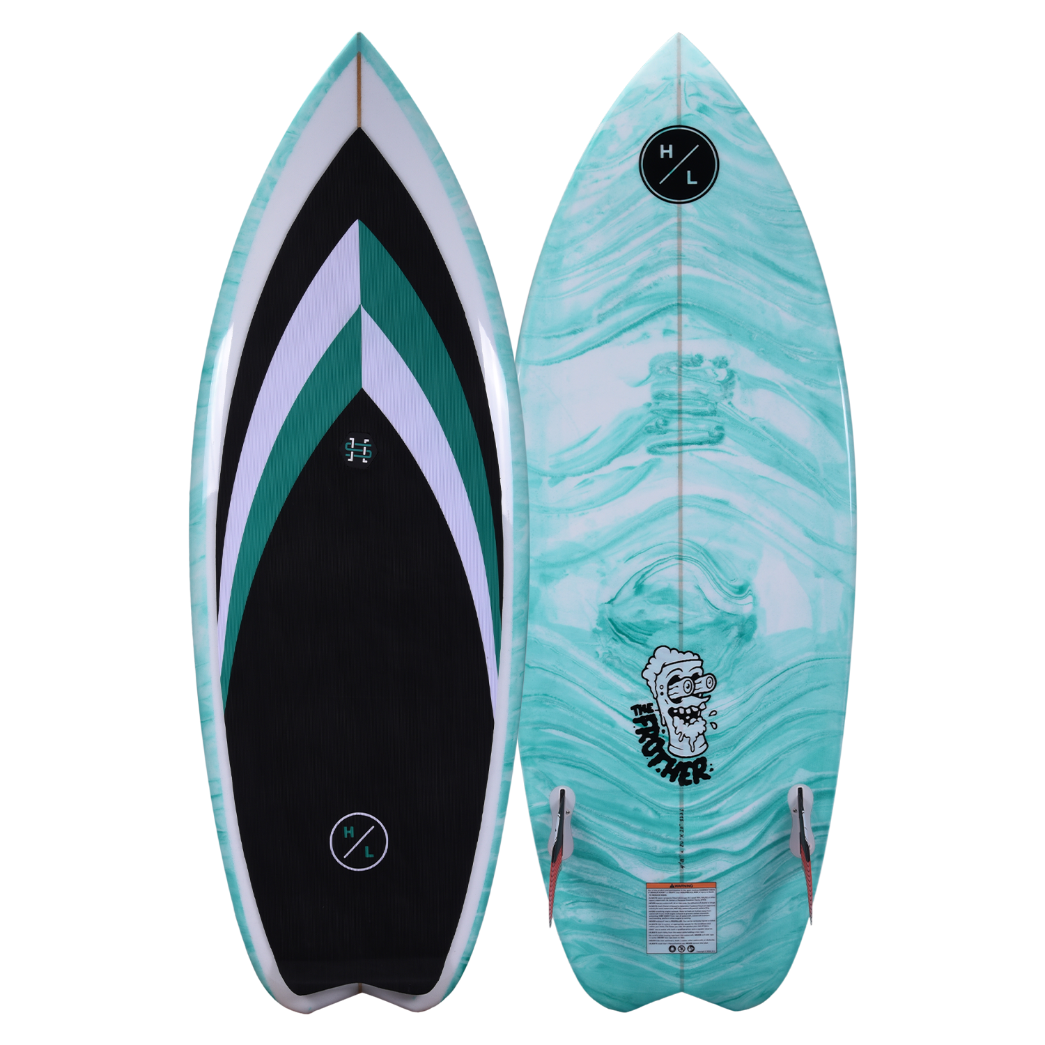 Frother 2.0 turquoise surfboard with twin fin and black, white, teal accents.