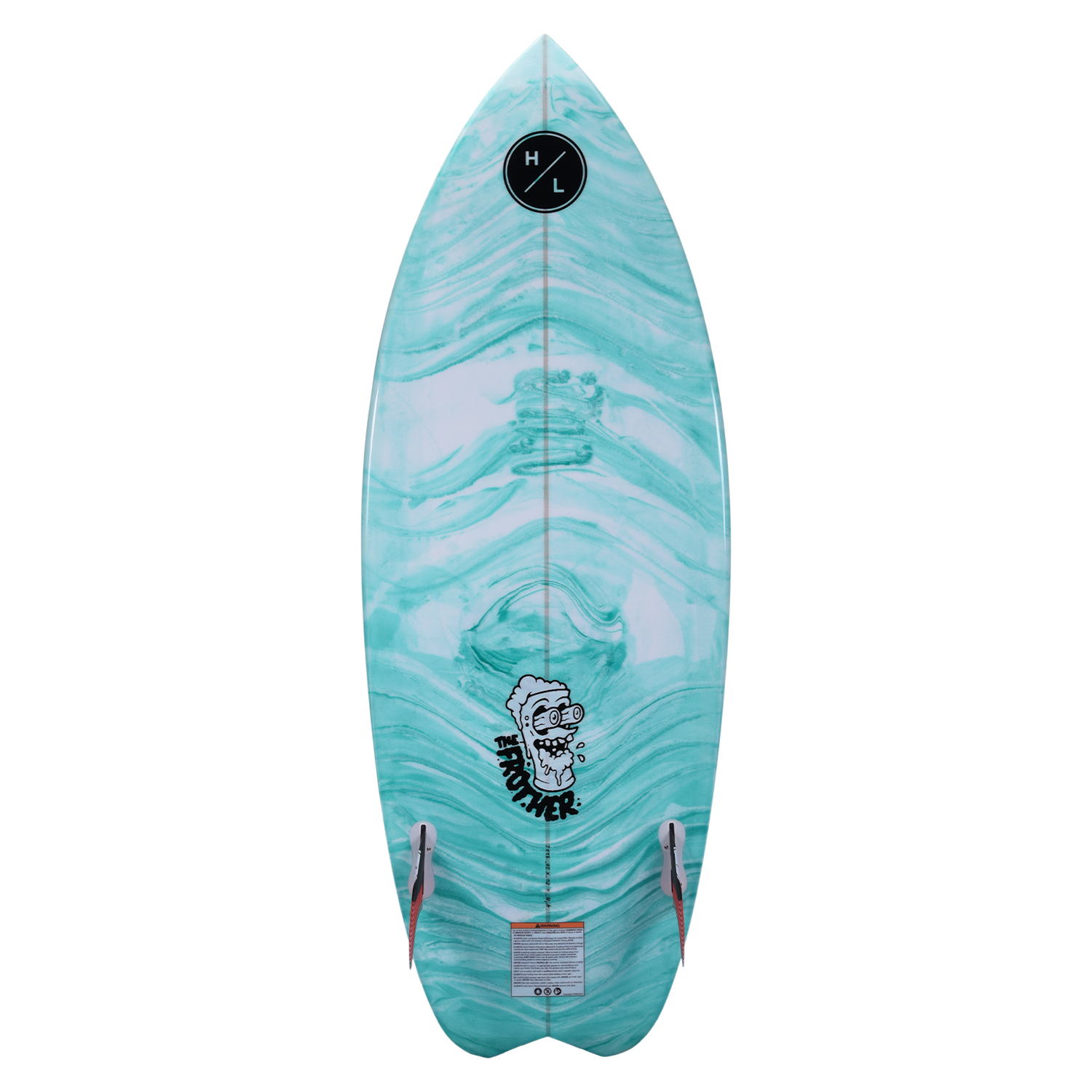Frother 2.0: A turquoise wakeboard with twin fins and a cartoon character graphic.
