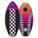 Gromcast wakeboard: checkerboard & geometric patterns in purple, orange, and black.