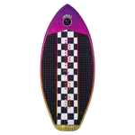 Checkered kids wakeboard with purple edges and Gromcast logo on top.