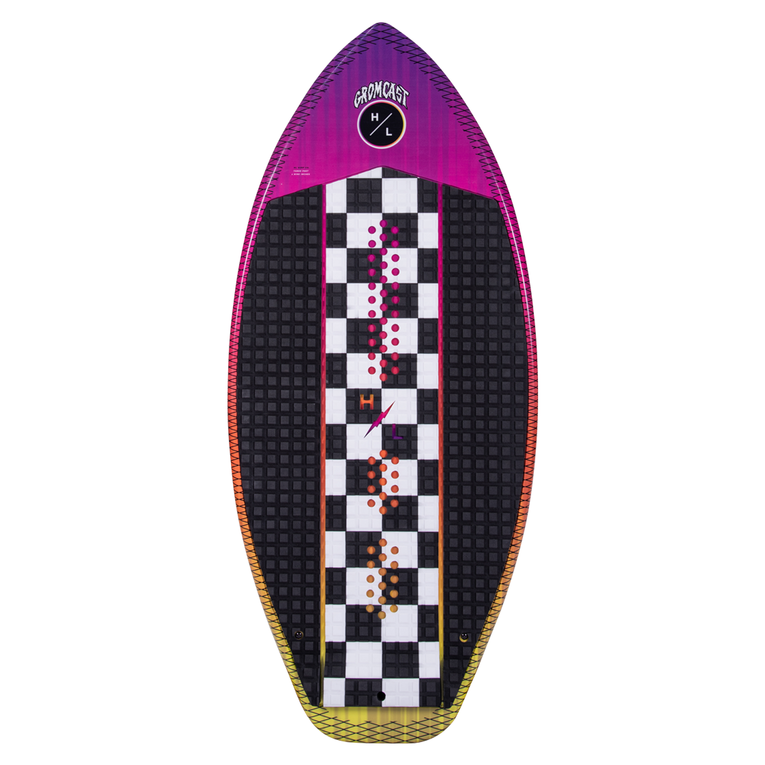 Checkered kids wakeboard with purple edges and Gromcast logo on top.