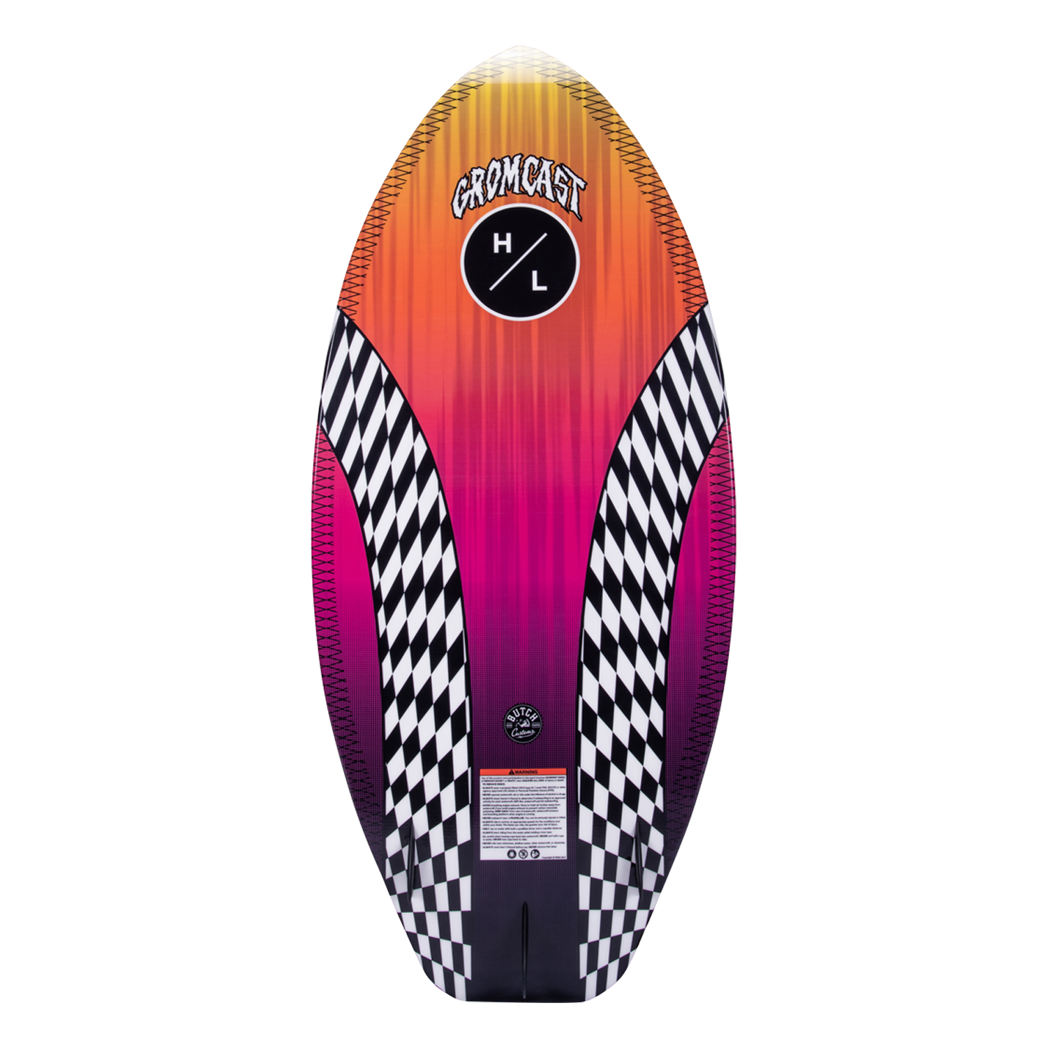Gromcast: A vibrant kids wakeboard with a gradient checkered design for wakesurfing fun.