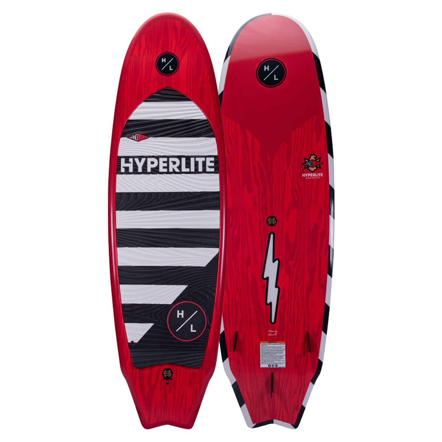 Red Hyperlite Landlock wakeboard with black/white stripes, lightning bolt; surf adventure ready!.