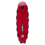 Landlock: Red wakeboard with black edges and lightning bolt design, ideal for surfing adventures.