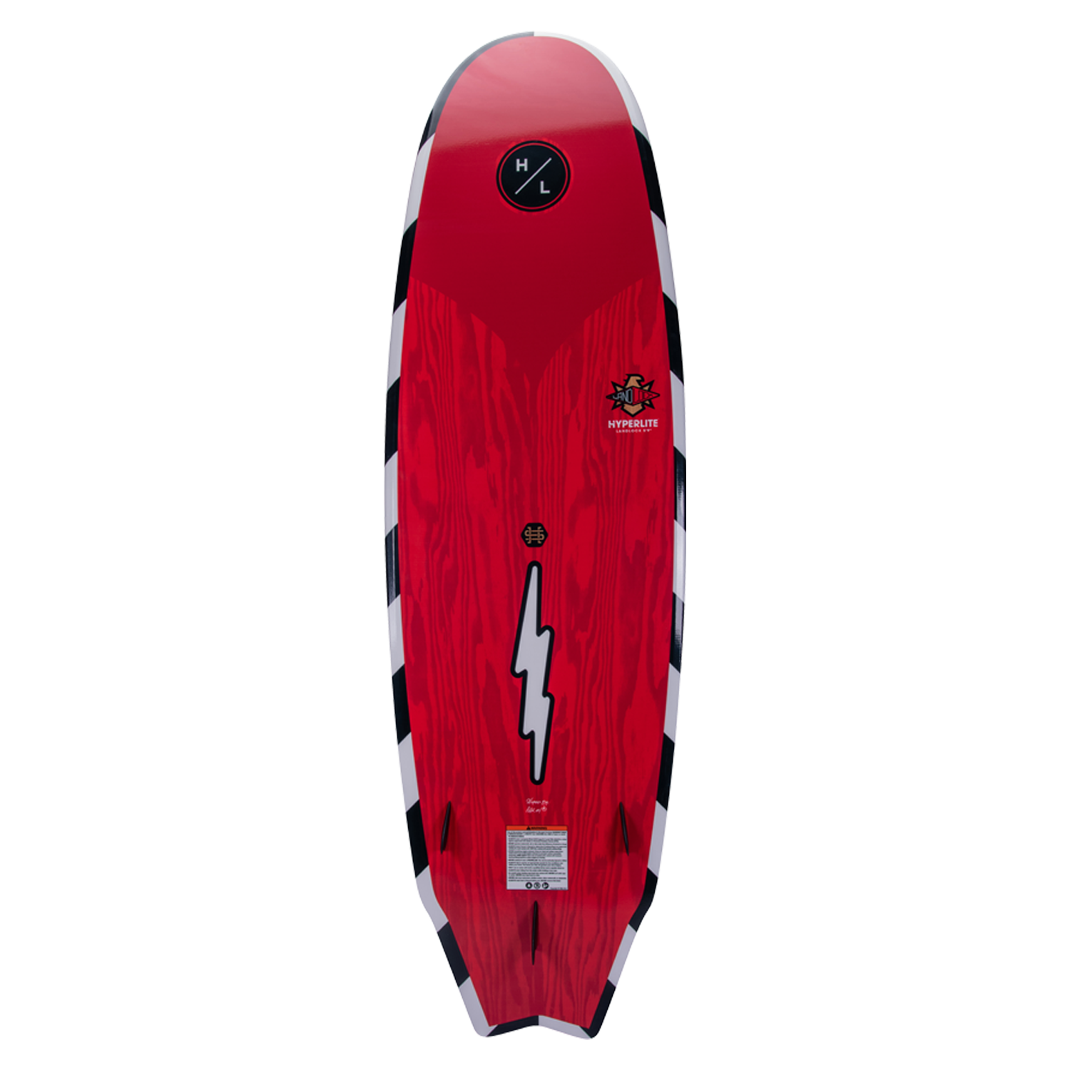 Landlock: Red wakeboard with black edges and lightning bolt design, ideal for surfing adventures.