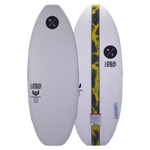 Top and base of Lobo 2024 wakeboard, white with black, yellow details and logos.
