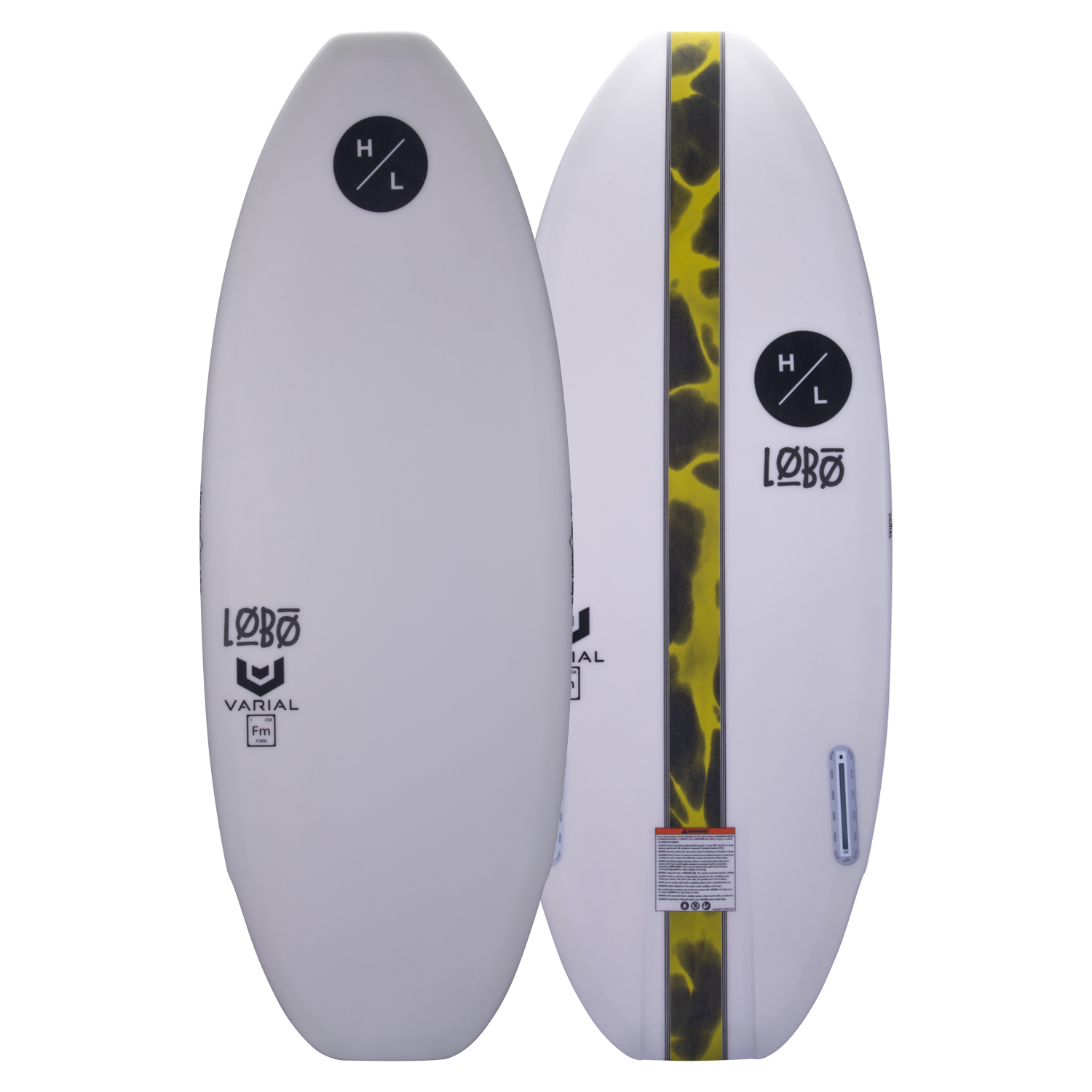 Top and base of Lobo 2024 wakeboard, white with black, yellow details and logos.