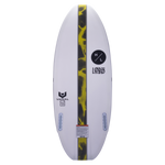 Lobo 2024: wakeboard with yellow/black stripes, logos, fin slots; perfect for Varial wakesurfers.