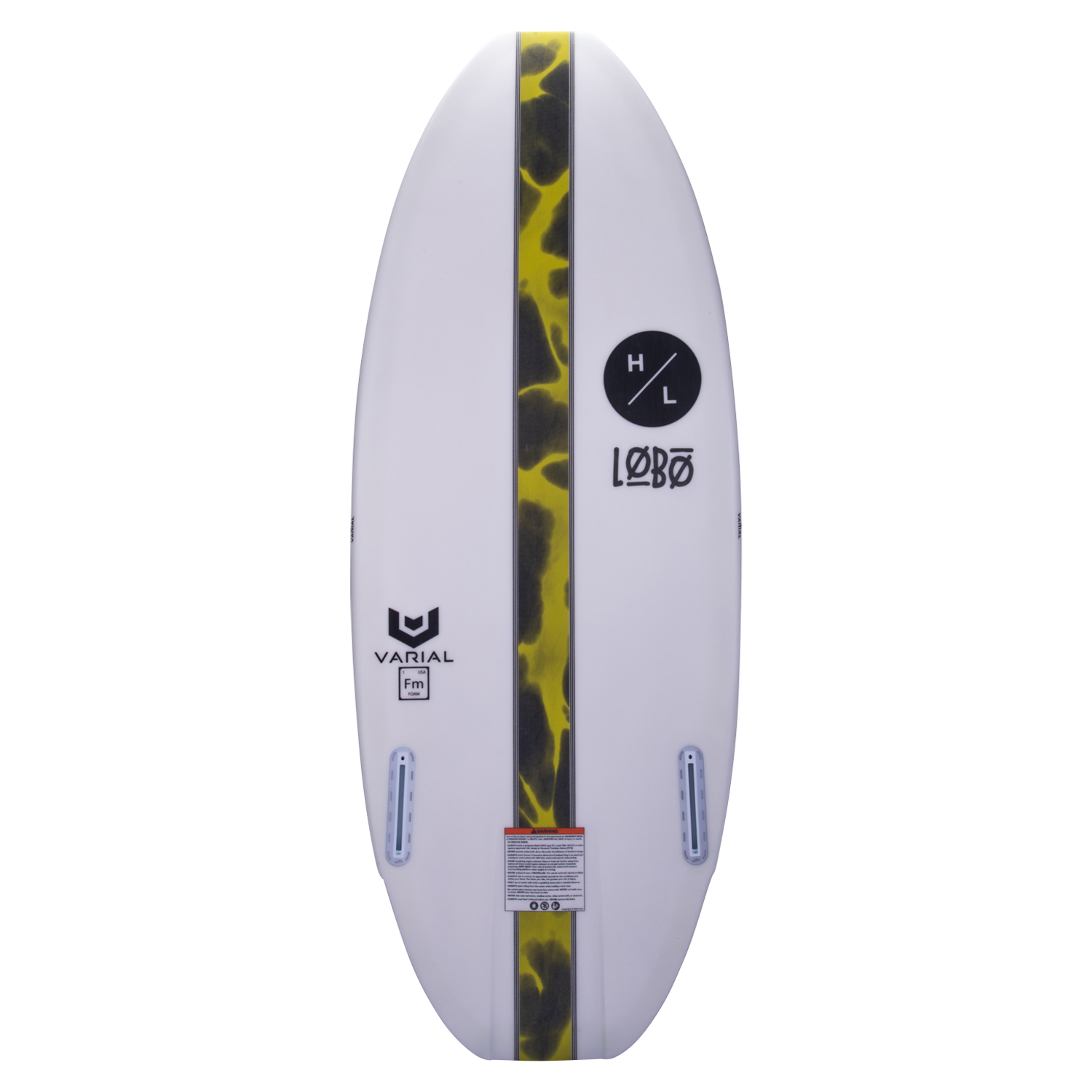 Lobo 2024: wakeboard with yellow/black stripes, logos, fin slots; perfect for Varial wakesurfers.