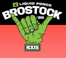 Green shaka hand graphic with “Brostock ’25” and Axis logo on a red and black background.