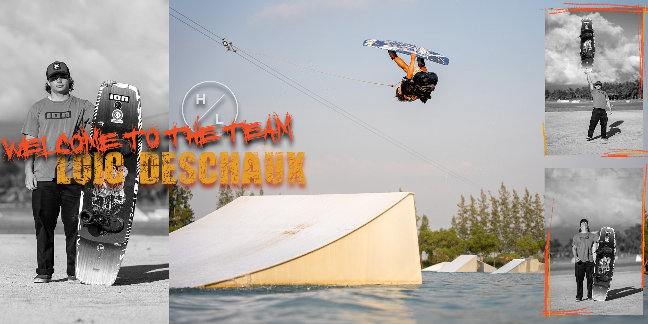 A wakeboarder performs an aerial trick over water, with action shots and text saying Welcome to the team.