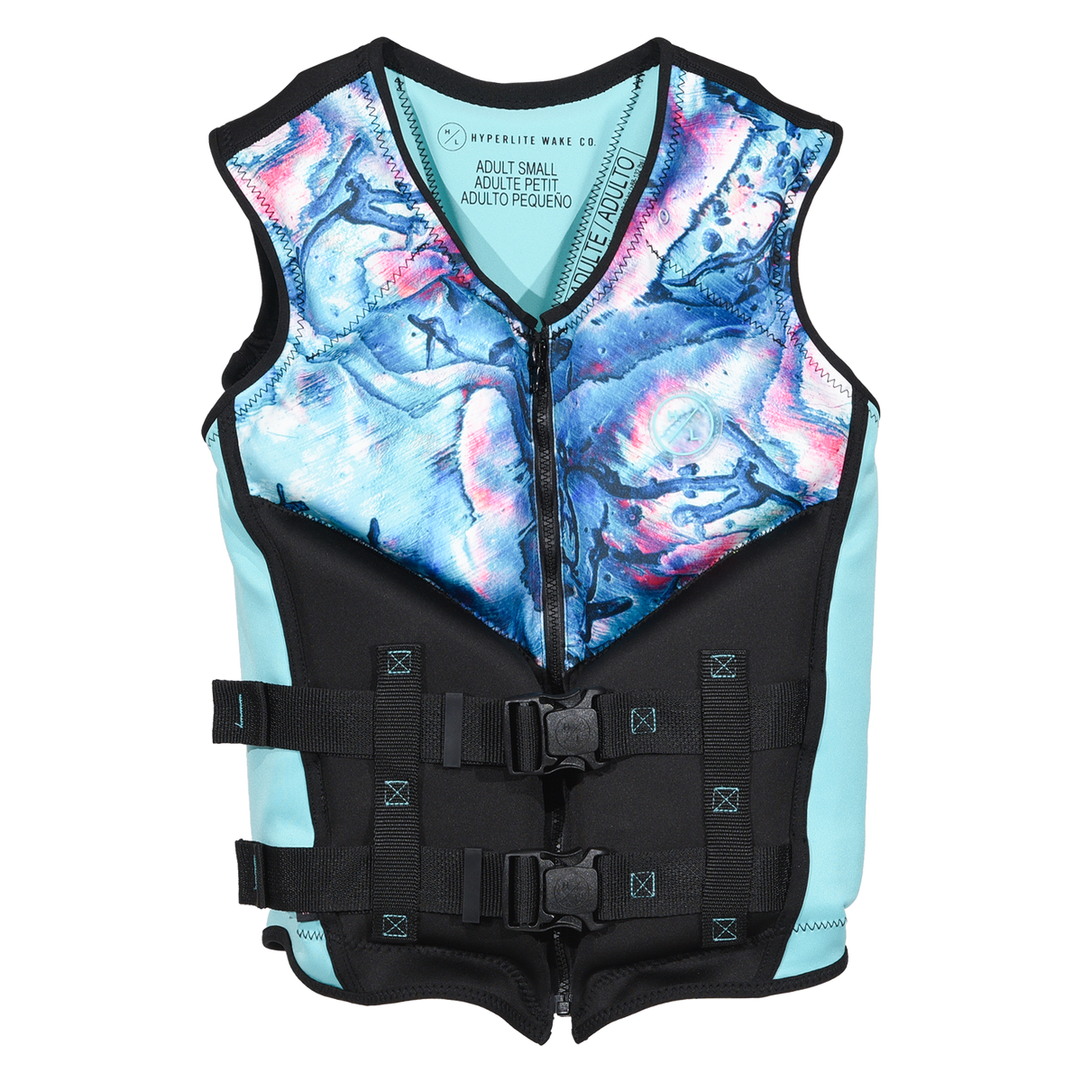 Front view of Caliber - Women's CGA Vest in black and aqua with a pink and blue abstract print on the chest.