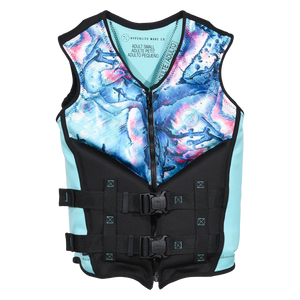 Front view of Caliber - Women's CGA Vest in black and aqua with a pink and blue abstract print on the chest.