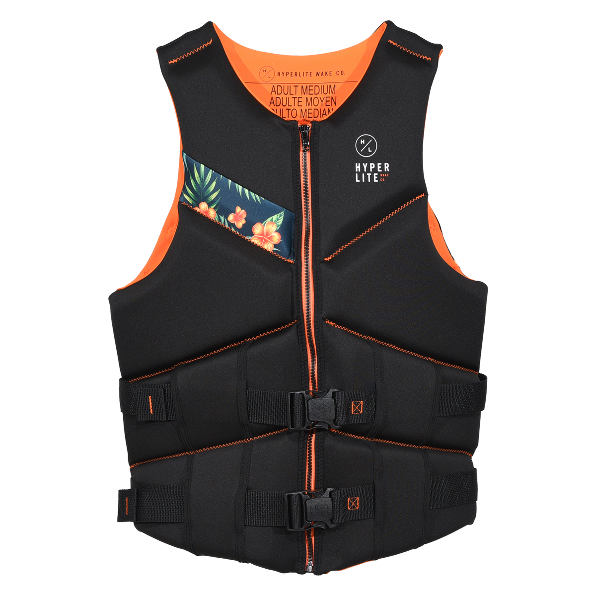 Front view of Logic - Men's CGA Vest Orange Hawaiian in black with a floral panel and Hyperlite logo.