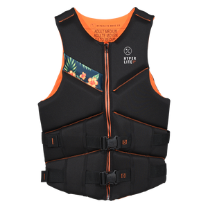 Front view of Logic - Men's CGA Vest Orange Hawaiian in black with a floral panel and Hyperlite logo.
