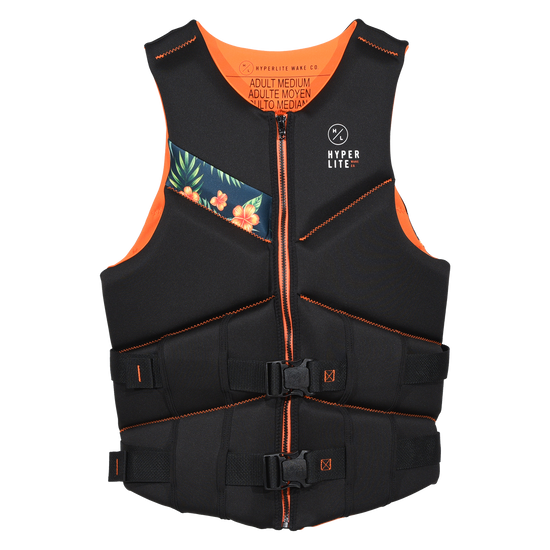 Front view of Logic - Men's CGA Vest Orange Hawaiian in black with a floral panel and Hyperlite logo.
