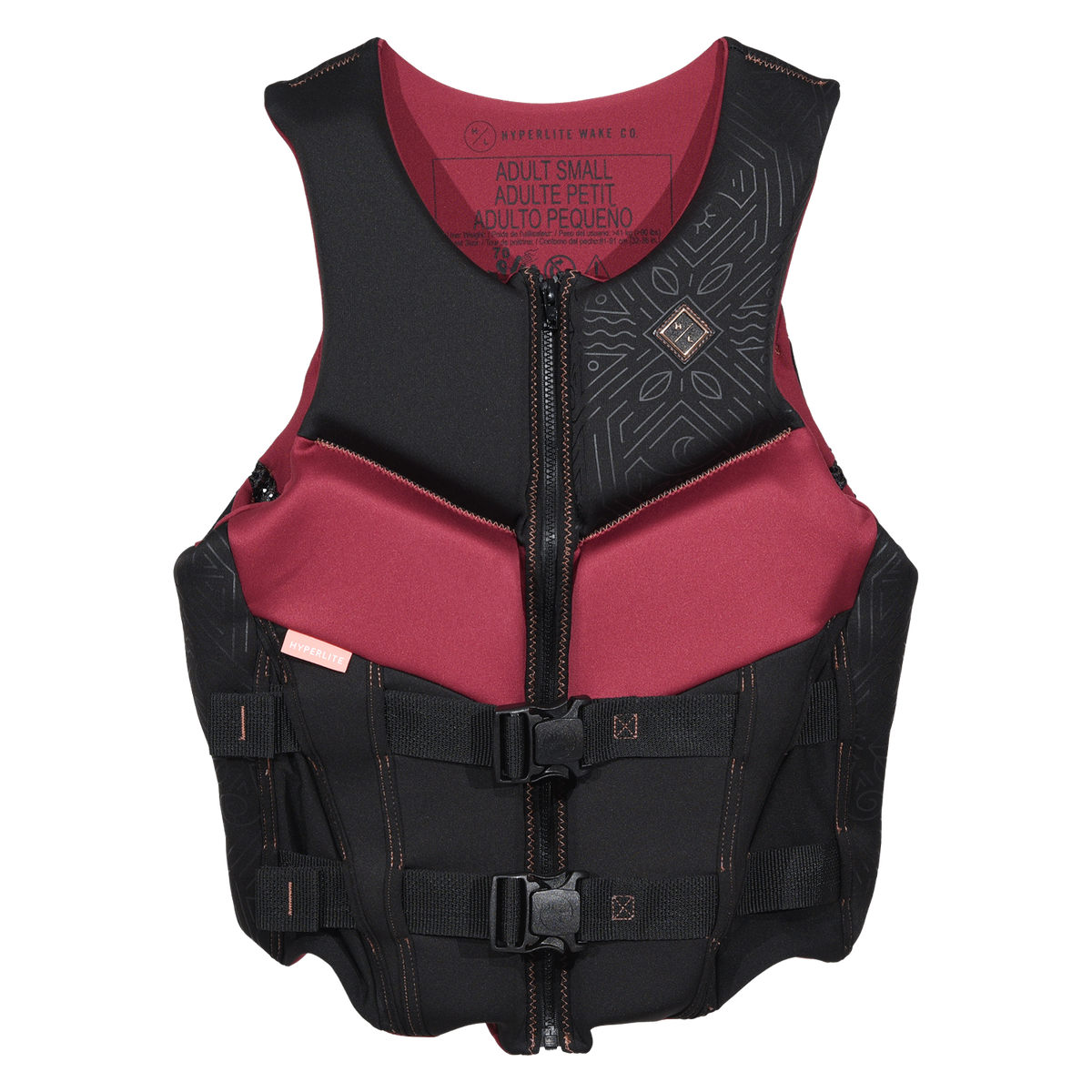 Front view of Domain - Women's CGA Vest in black and maroon with a geometric chest pattern and two buckles.