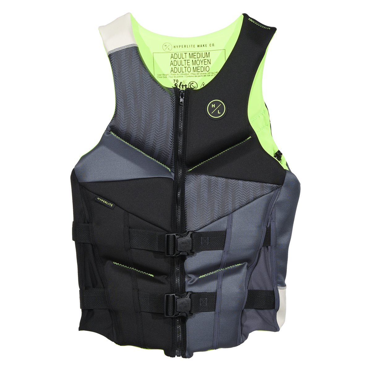Front view of the Domain Men's life vest in black and gray, with a lime lining, chevron panels, and buckles.