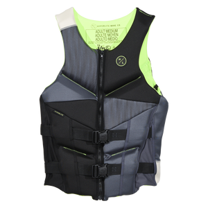 Front view of the Domain Men's life vest in black and gray, with a lime lining, chevron panels, and buckles.