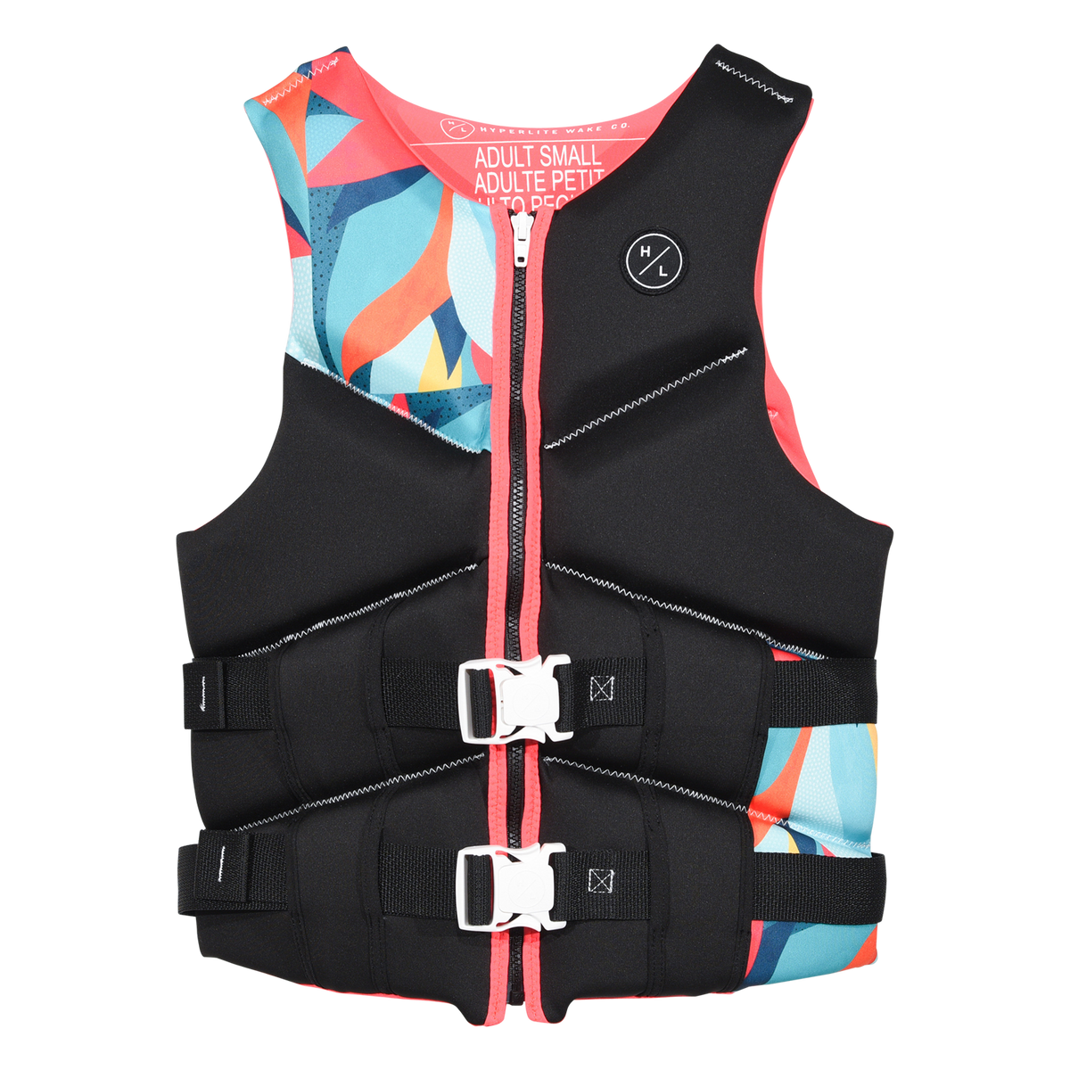Front view of Logic - Women's CGA Vest Flame in black with an abstract print panel and white buckles.