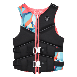 Front view of Logic - Women's CGA Vest Flame in black with an abstract print panel and white buckles.