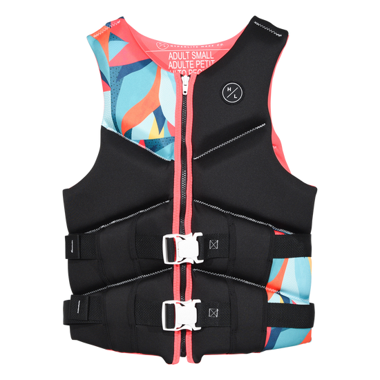 Front view of Logic - Women's CGA Vest Flame in black with an abstract print panel and white buckles.