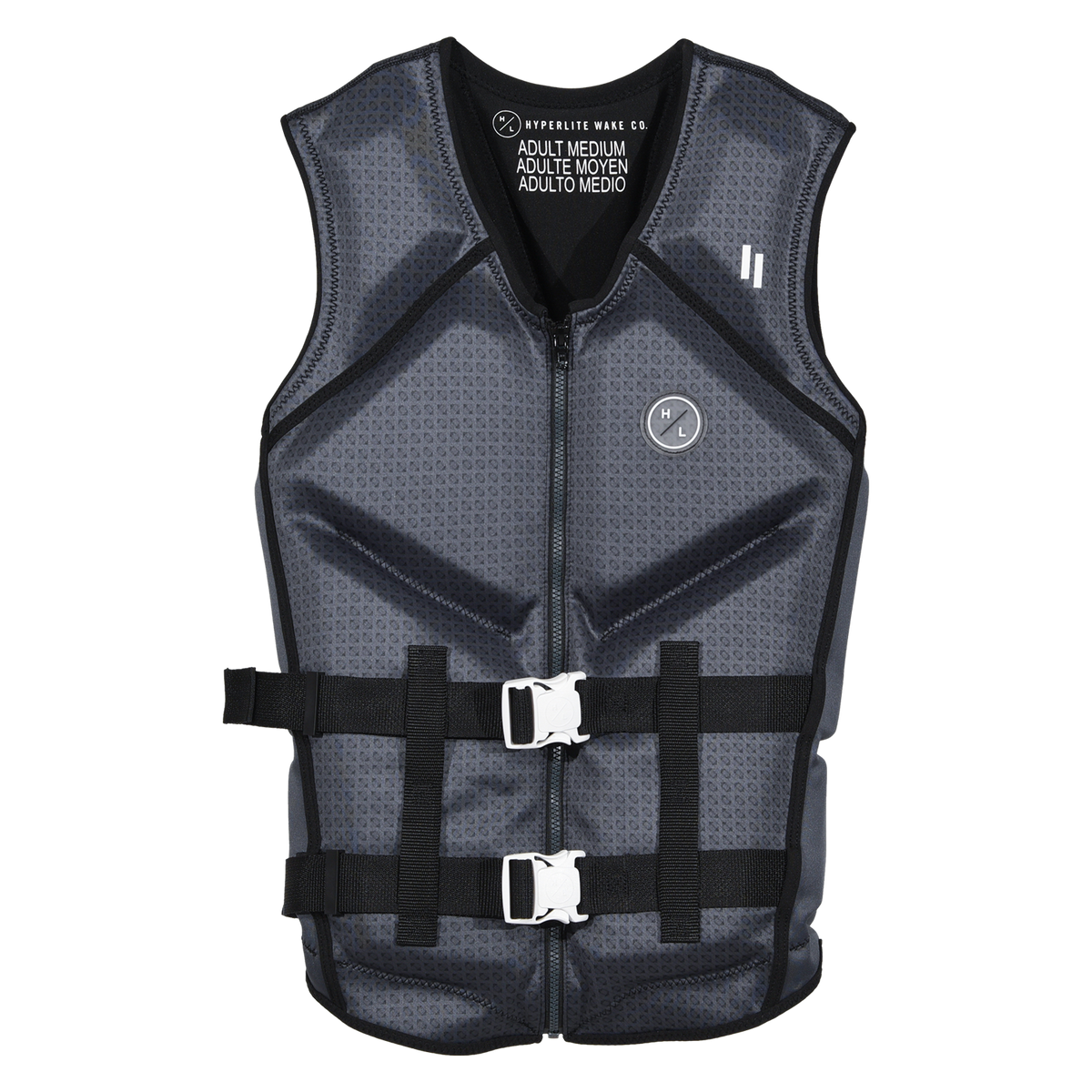 Front view of the Caliber life vest in Gray, with a geometric print, white buckles, and a front zipper.