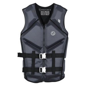 Front view of the Caliber life vest in Gray, with a geometric print, white buckles, and a front zipper.