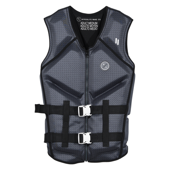 Front view of the Caliber life vest in Gray, with a geometric print, white buckles, and a front zipper.
