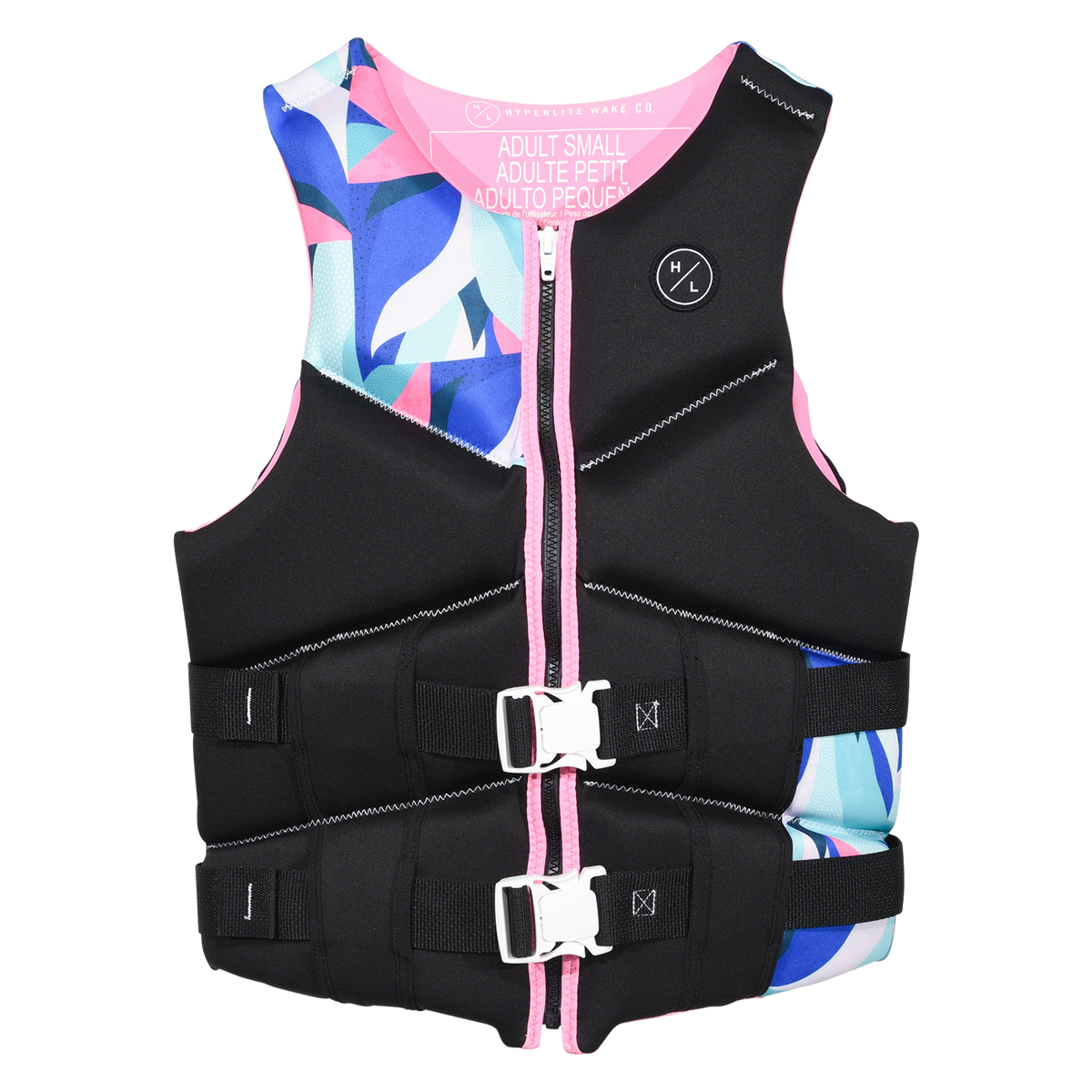 Front view of Logic - Women's CGA Vest Lotus Pink in black with an abstract print panel and white buckles.