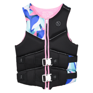Front view of Logic - Women's CGA Vest Lotus Pink in black with an abstract print panel and white buckles.