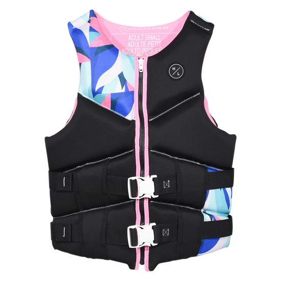 Front view of Logic - Women's CGA Vest Lotus Pink in black with an abstract print panel and white buckles.