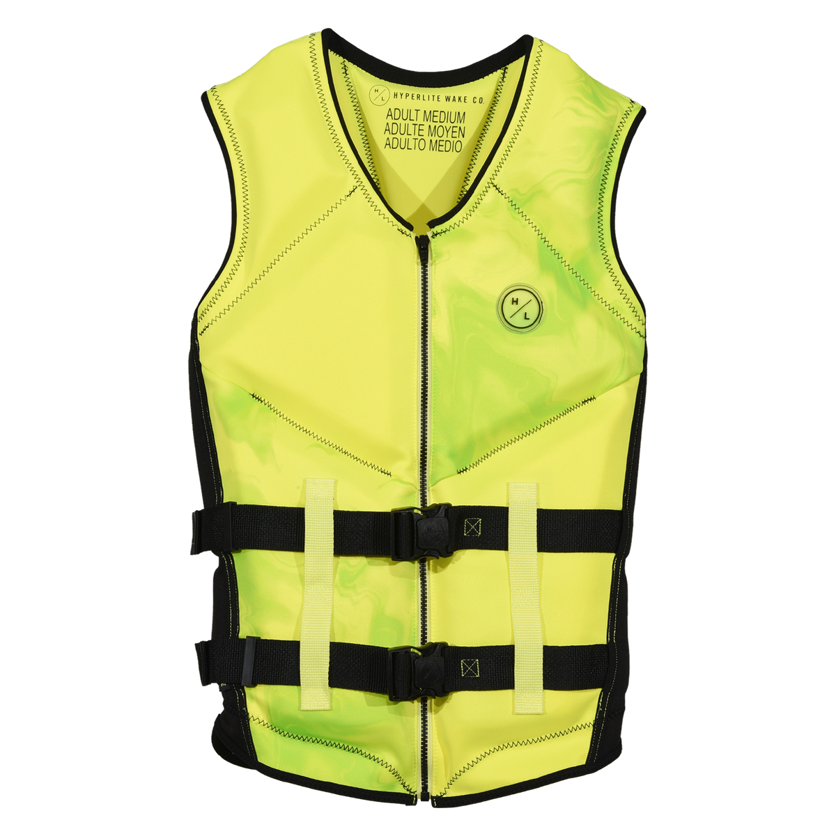 Front view of the Caliber life vest in Hi-Viz, with green marbling, front zipper, and two buckle straps.