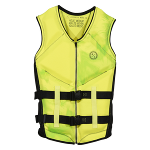 Front view of the Caliber life vest in Hi-Viz, with green marbling, front zipper, and two buckle straps.