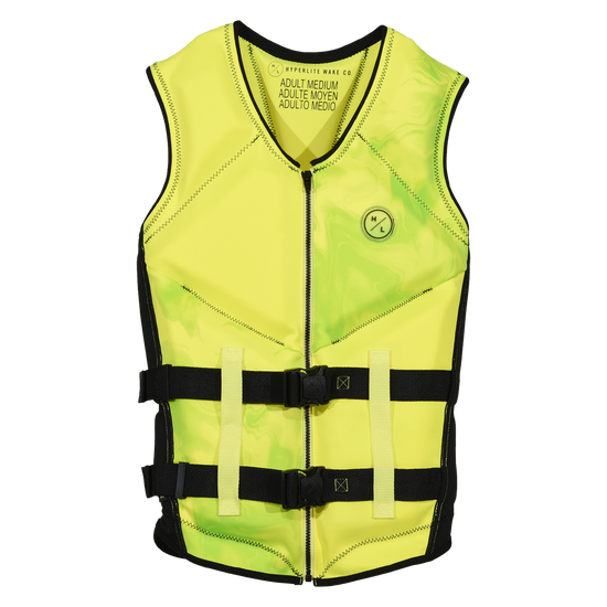 Front view of the Caliber life vest in Hi-Viz, with green marbling, front zipper, and two buckle straps.
