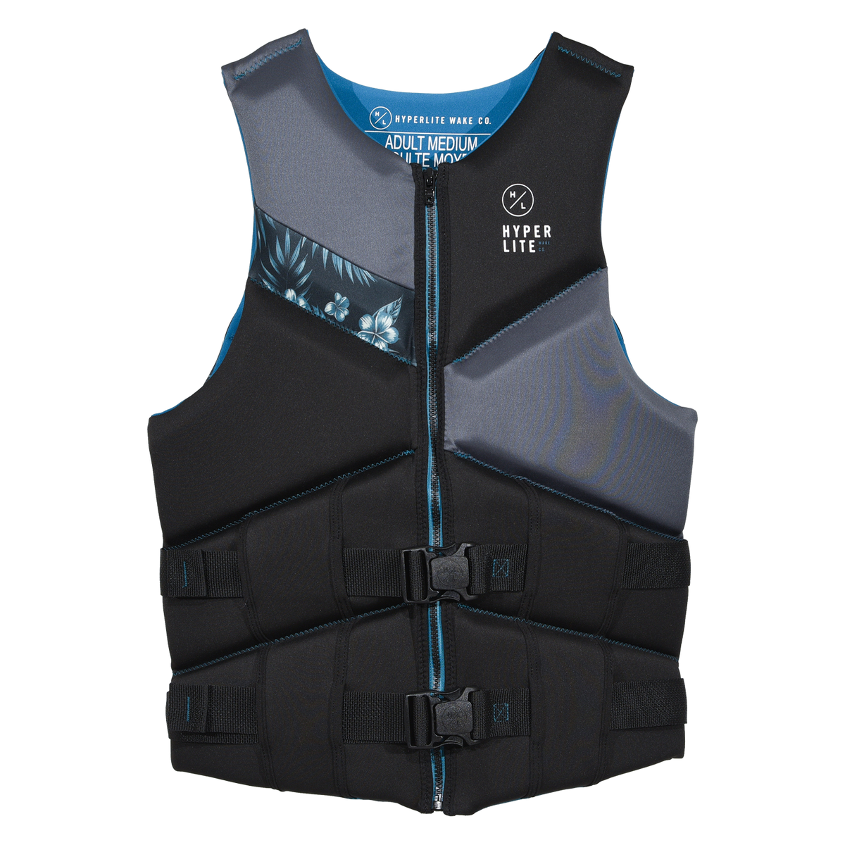 Front view of Logic - Men's CGA Vest Blue Hawaiian in black and gray with a floral panel and Hyperlite logo.